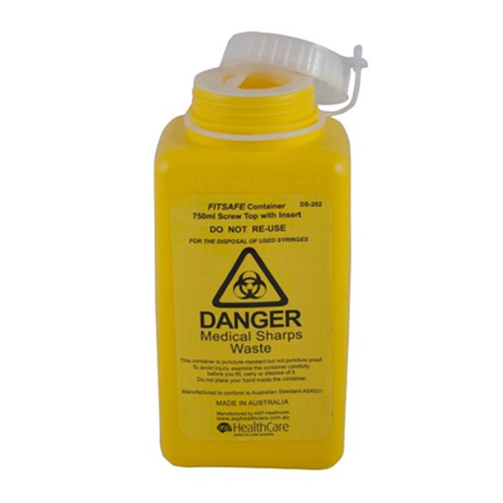 Bio-Hazard Collector Fitsafe Sharps Container 750ml Screw Lid