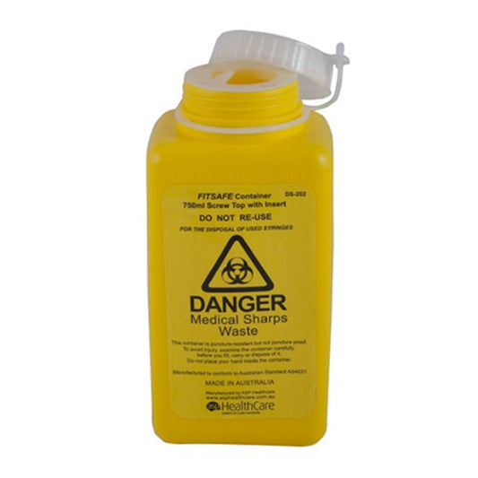 Bio-Hazard Collector Fitsafe Sharps Container 750ml Screw Lid