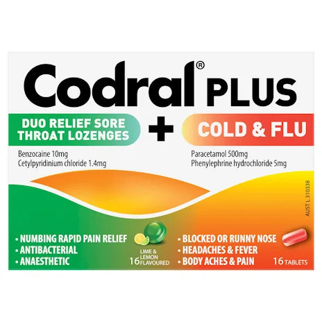 Codral Plus Sore Throat Lozenges 16 + Cold & Flu Decongestant Tablets 16
